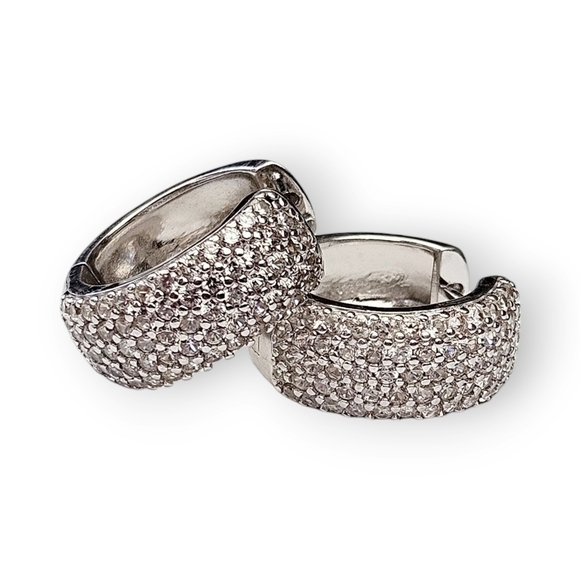 White Topaz Hoop Earrings Sterling Wide Huggie Pave Gemstone 925 Silver 3/4" - Picture 1 of 11